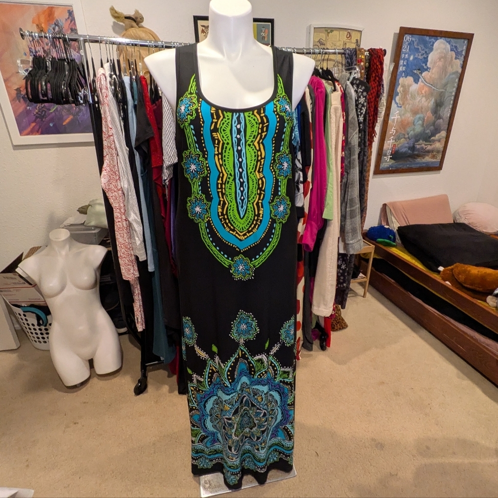 Vibrant Black Mandala Maxi Dress